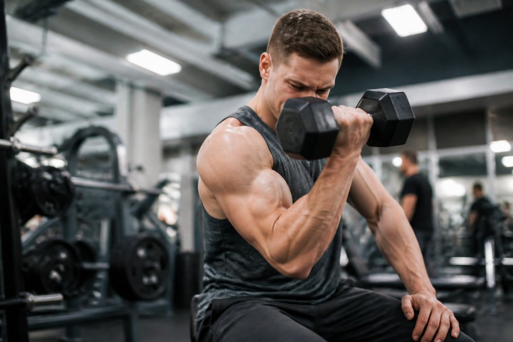 Beginner bodybuilder in gym setting performing dumbbell curl with visible muscle engagement and proper form under bright training facility lighting
