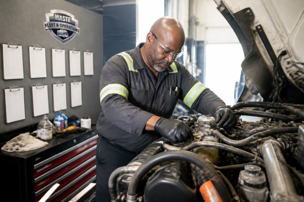 Master Diesel Technician performing preventive maintenance on a waste collection truck engine in a well-organized shop with diagnostic equipment and work order clipboards visible on the wall