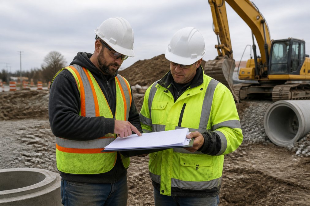 A contractor and site engineer reviewing permit application documents and site plans on a clipboard at an active construction site, with excavation equipment and freshly disturbed soil visible in the background under overcast Michigan skies