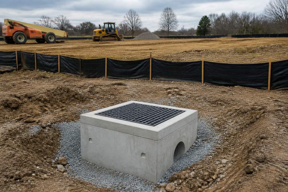 A freshly installed storm drain catch basin at a Michigan construction site, with silt fence erosion control barriers staked along the perimeter of disturbed soil, construction equipment parked nearby under a grey midday sky