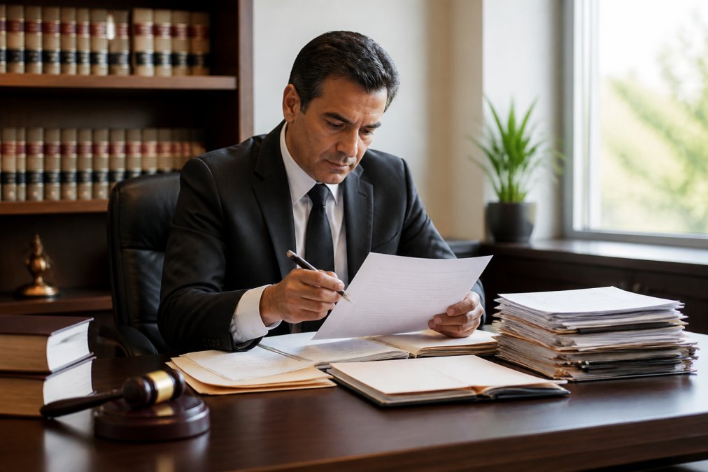 Professional criminal defense attorney in business suit reviewing case files and legal documents at desk in modern law office with natural window lighting