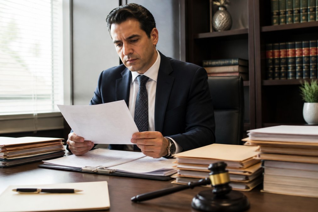 Experienced criminal defense attorney in professional business attire seated at desk reviewing legal case documents and client files in modern law office setting