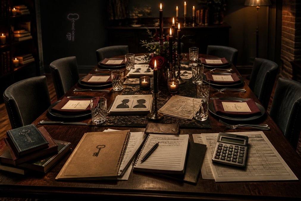 Infographic breakdown of murder mystery party cost per guest for a dinner setting with themed place settings and clue packets