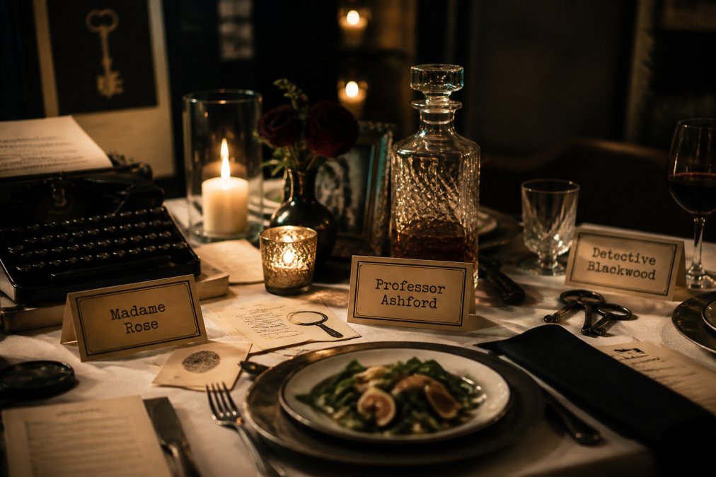 Intimate dinner table set with thematic murder mystery decor including dimmed candlelight, place cards bearing character names, scattered clue cards, a plated first course, and dark vintage props arranged thoughtfully on white linens