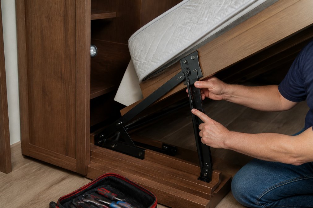 Close-up photograph of a person's hands inspecting the steel pivot hinge and piston-lift hardware on an open solid wood Murphy cabinet bed, with the mattress folded back and a tool kit on the floor nearby