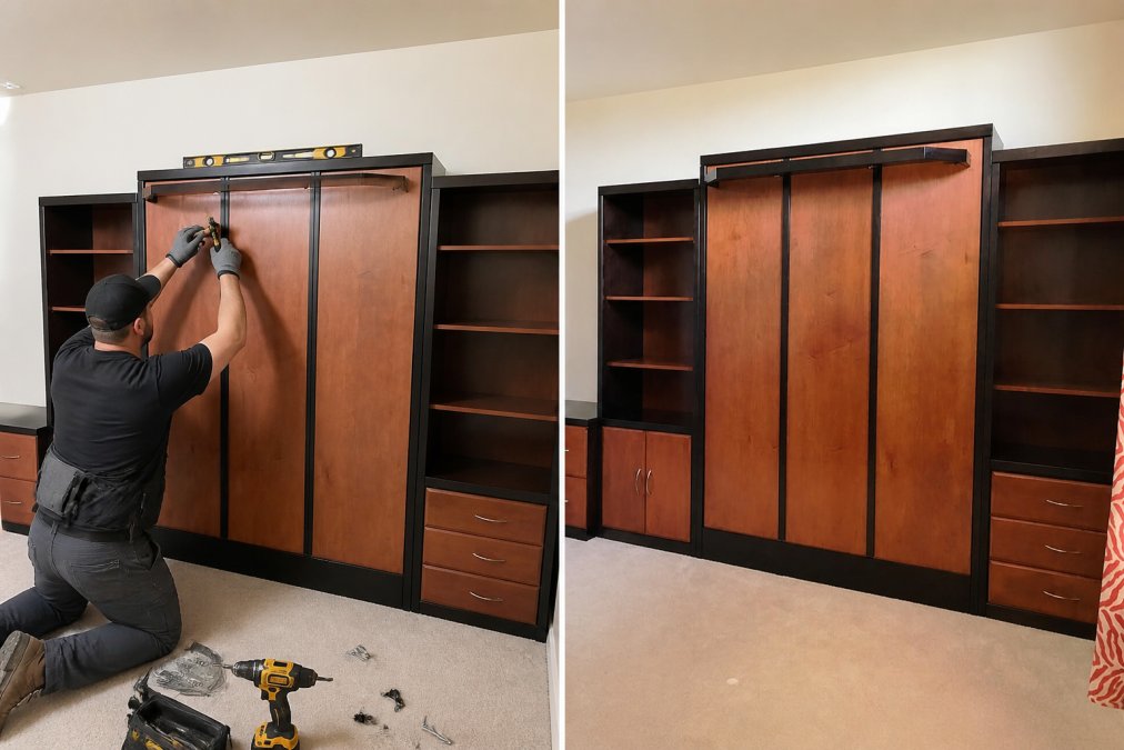 Professional installer carefully mounting a murphy bed cabinet to a wall using mounting brackets and checking level with precision tools, with safety equipment visible in a modern residential bedroom setting