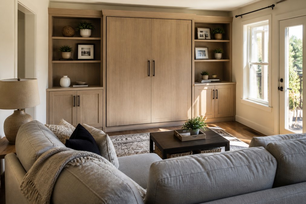 A modern living room with a closed Murphy bed cabinet styled as a media center, warm afternoon light through windows, a sofa facing the cabinet, showing the dual-purpose functionality of the space-saving furniture