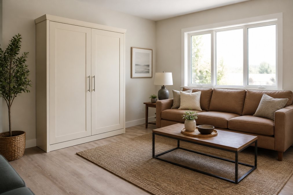 Modern small living room with a murphy bed cabinet in buttercream finish closed against the wall, showing minimal wall footprint with a comfortable seating area and open floor space in the foreground