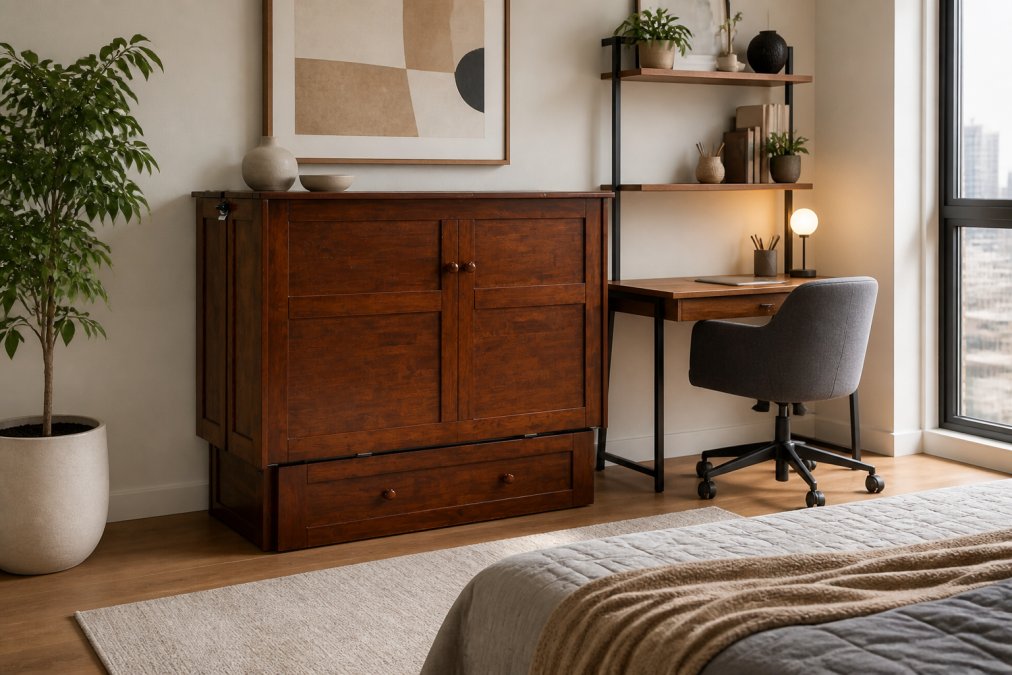 Modern studio apartment with Clover Murphy Cabinet Bed in closed position, showing clean wood cabinetry lines with integrated desk workspace visible beside it, natural light from window illuminating the room
