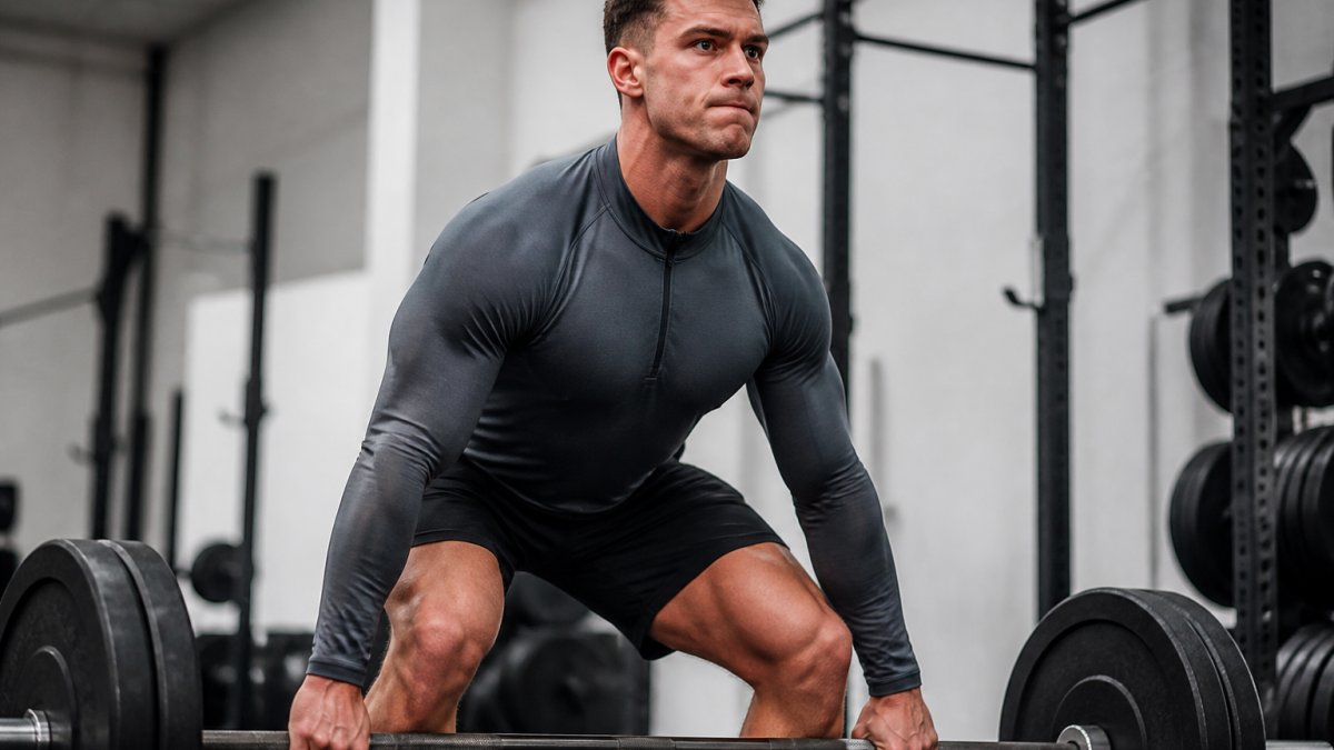 Athletic man wearing muscle fit clothing performing a compound lift in a modern gym, demonstrating fitted shoulders, chest and arms without restriction during movement