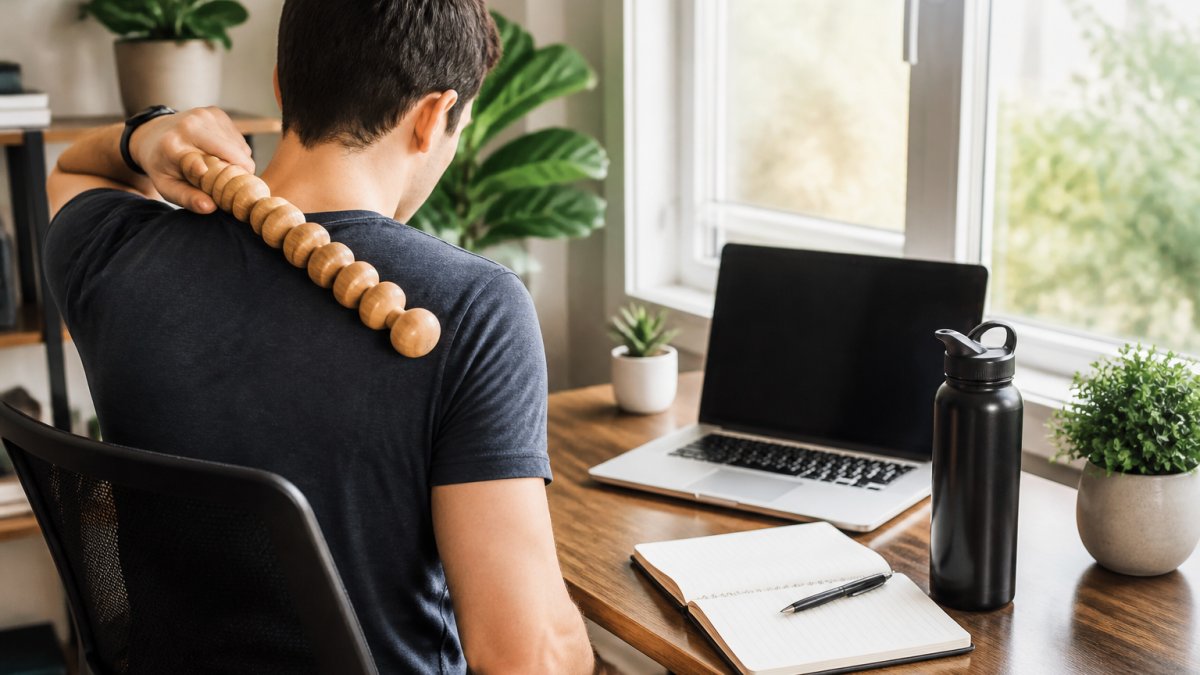 A person sitting at a desk using a handheld wooden massage stick on their shoulder and upper back, with a laptop and water bottle nearby in a bright home office setting