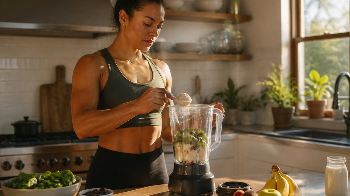 Plant-based athlete preparing a post-workout smoothie with fresh fruits, leafy greens, plant-based protein powder, and amino acid supplement in a bright, modern kitchen with natural sunlight streaming through windows