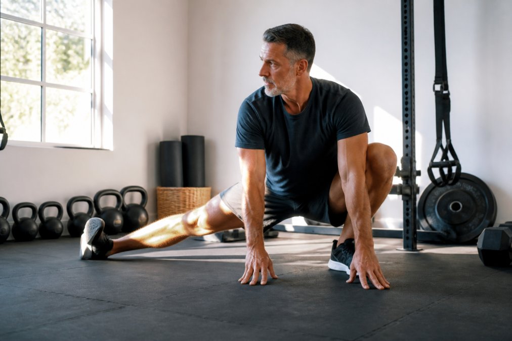 Adult in their 40s performing a dynamic stretching routine in a bright home gym space, demonstrating active recovery with focused posture and controlled movement