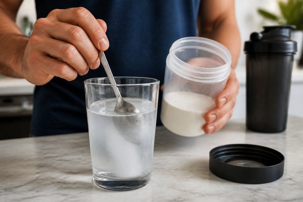 Close-up of electrolyte powder being mixed into a glass of water with a metal spoon, showing clean supplement preparation in natural lighting