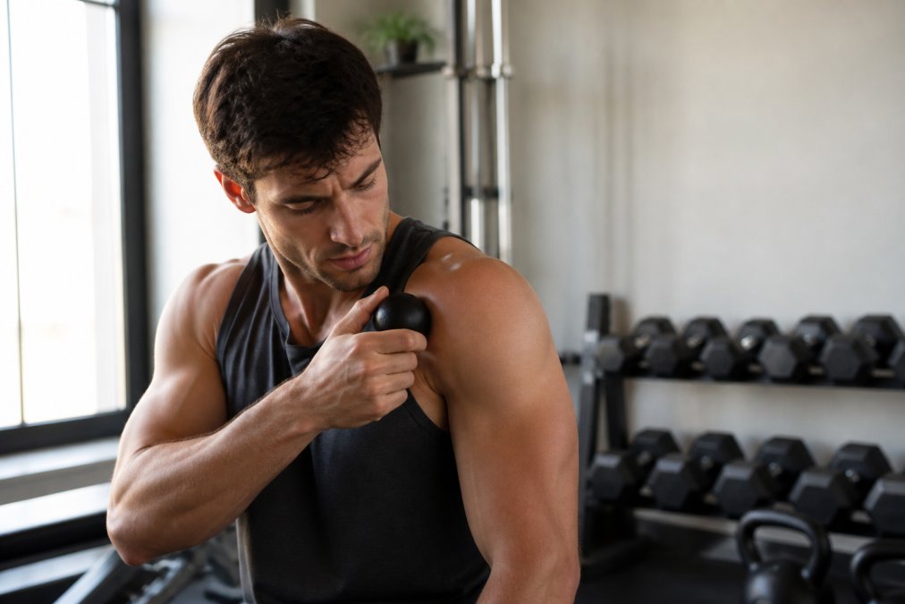 Athlete using a handheld percussion massage ball on shoulder muscle after workout, demonstrating proper technique with controlled pressure in a home gym setting with natural window lighting