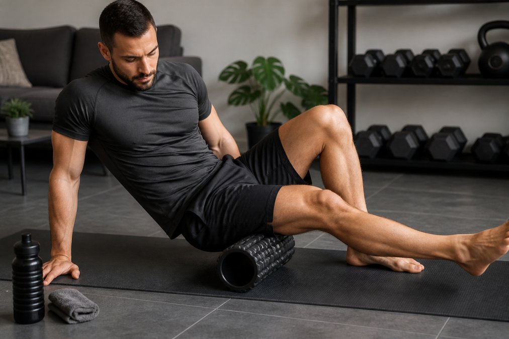 Person performing foam rolling exercise on leg muscle with controlled posture, demonstrating myofascial release technique on exercise mat in bright, clean home gym space