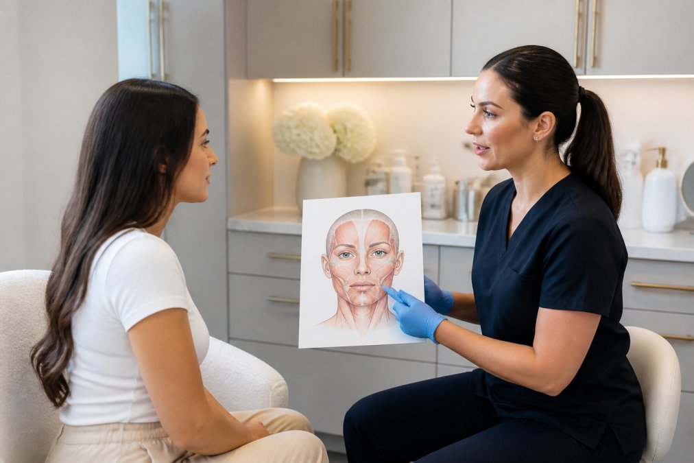 A licensed aesthetic injector in blue nitrile gloves reviewing a facial anatomy chart with a seated patient in a bright, modern medspa consultation room