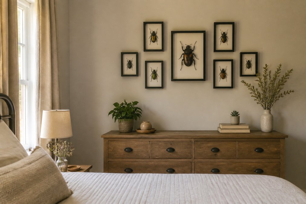 A bedroom wall displaying multiple framed beetle specimens arranged in a gallery-style layout above a wooden dresser, with soft natural light highlighting the intricate details of the preserved insects and complementing warm neutral furnishings