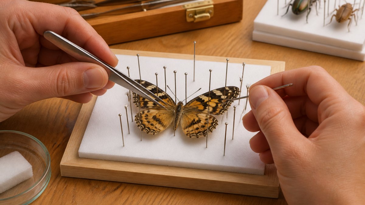 Close-up of hands using stainless steel entomological pins and fine tweezers to position a butterfly specimen on a spreading board in a well-lit workbench setting