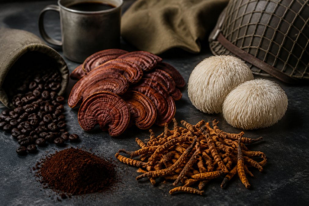 Close-up of dried reishi mushrooms with deep burgundy caps, lion's mane with delicate white tendrils, and cordyceps arranged on a dark slate surface alongside whole coffee beans and ground espresso, natural studio lighting highlighting the texture and color contrast