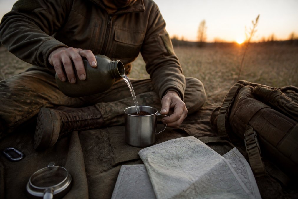 Tactical-dressed professional pouring hot water from a military-style canteen into a stainless steel camp mug containing mushroom coffee grounds, morning light filtering through a field environment, demonstrating field-ready brewing simplicity