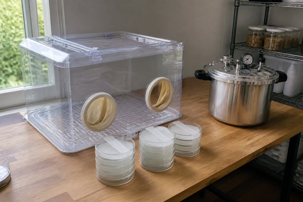 Mushroom Growing Lab Equipment: Complete 2026 Guide A clean, organized home mushroom lab bench with a clear plastic still air box, several glass petri dishes sealed with parafilm, and a small pressure cooker resting on a sturdy wooden table in a bright room