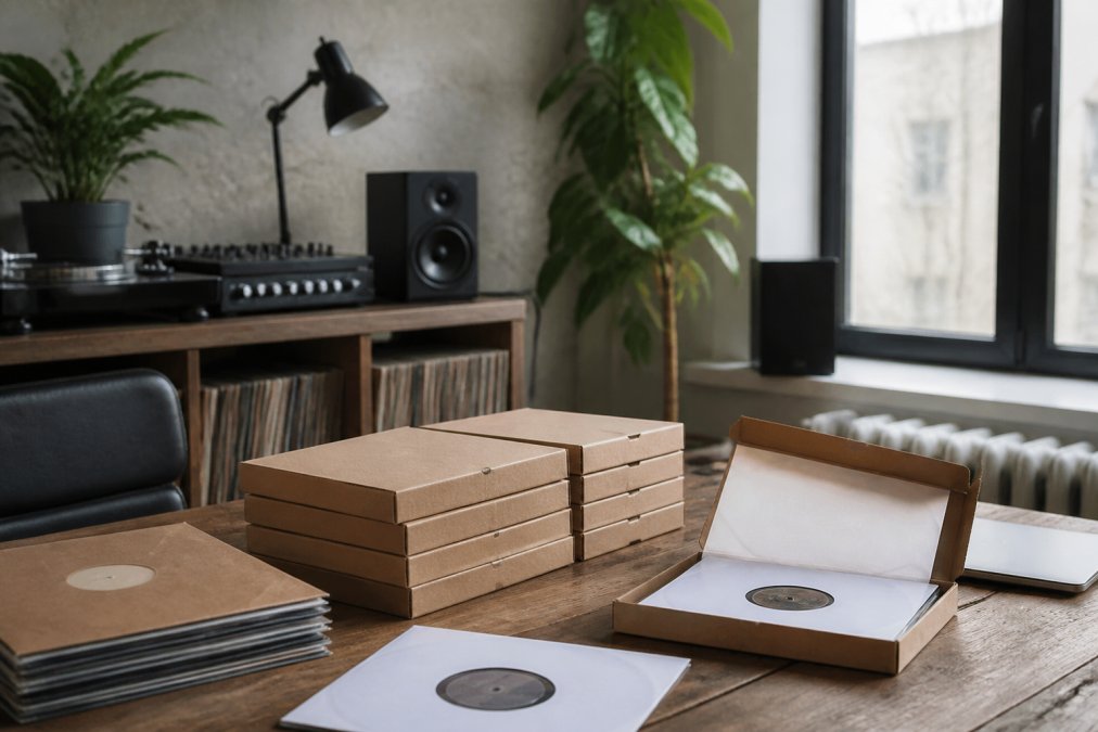 Electronic label team reviewing distribution metadata and royalty reporting in a music studio