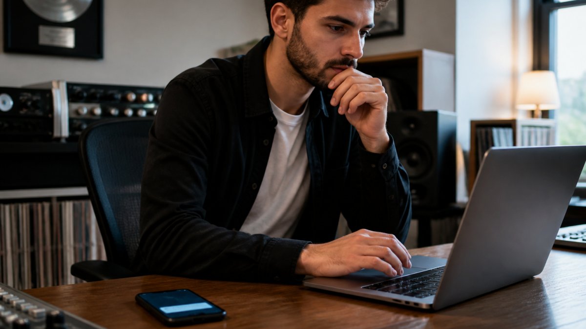 A music label manager at a desk checking a support ticket dashboard on a laptop, with a smartphone showing an email reply notification nearby