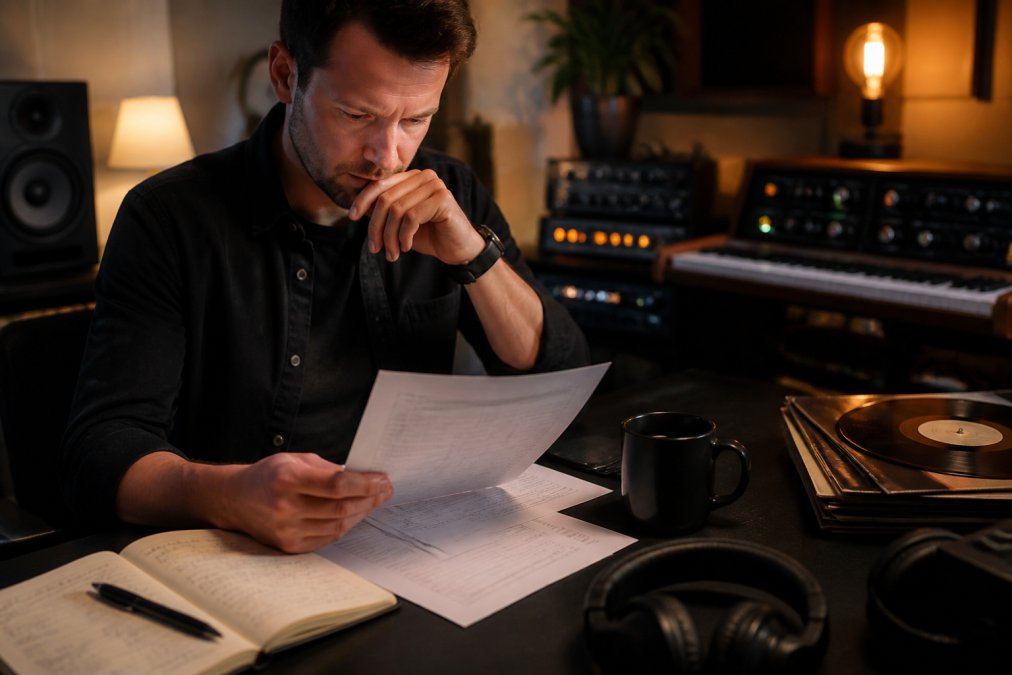 A music label manager reviewing royalty statements on a laptop in a home studio, audio monitors and a handwritten notebook on the desk, warm evening lamp light