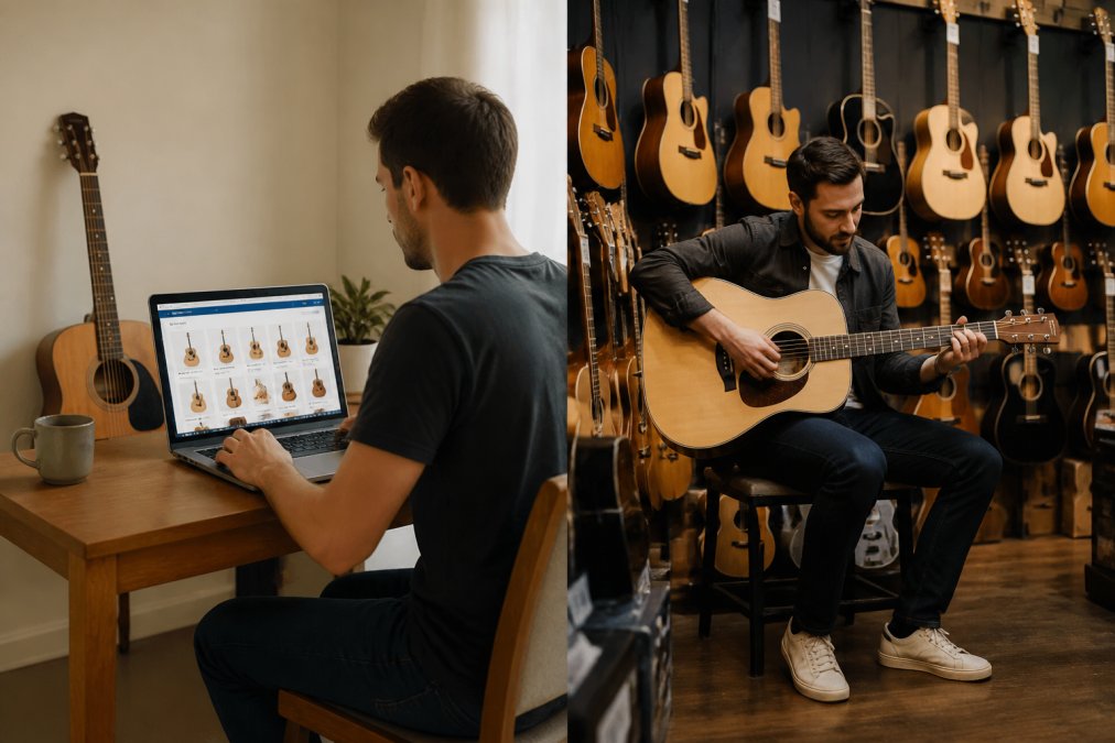 A person sitting at a home desk browsing a music equipment website on a laptop, with an acoustic guitar leaning against the wall beside them in warm indoor lighting