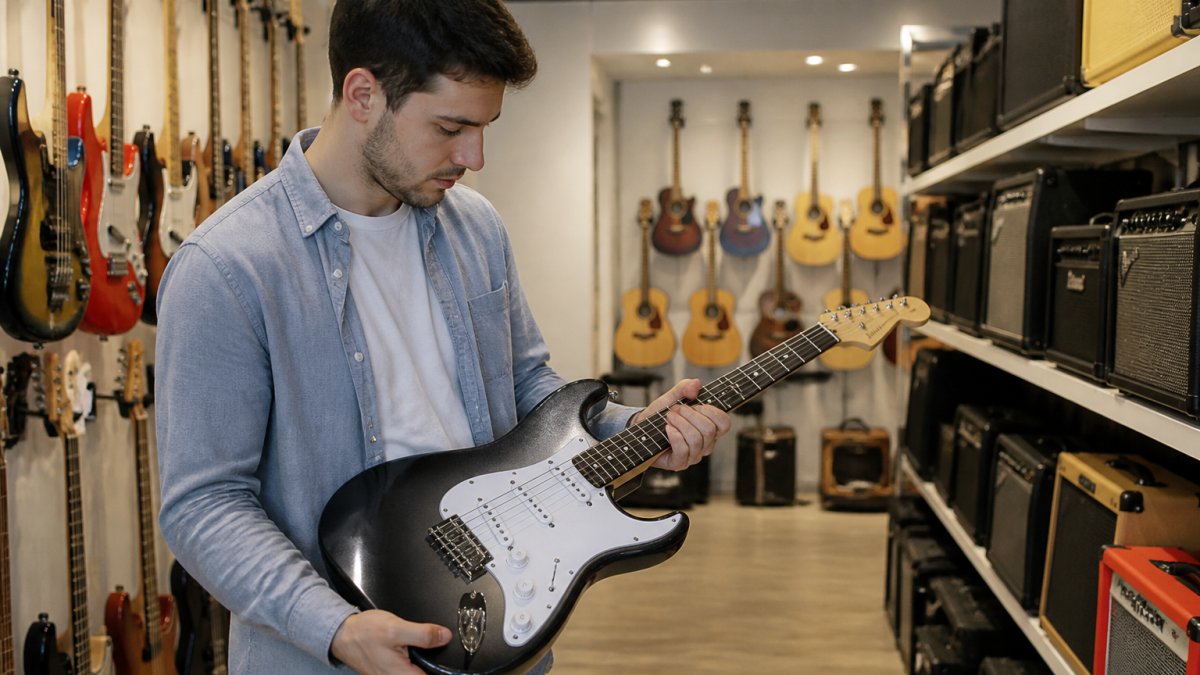 Musician examining electric guitar in bright music shop with shelves of instruments and amplifiers visible in background