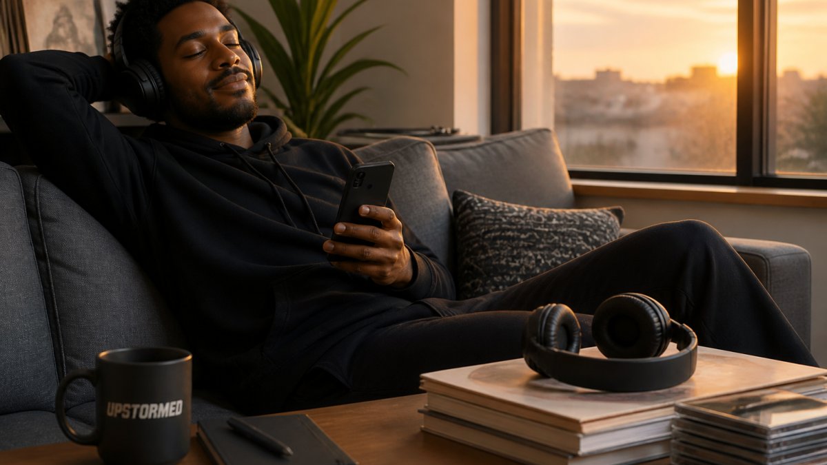 A person sitting on a couch with headphones on, eyes closed, smiling gently while holding a smartphone showing a music playlist, warm evening light through a window