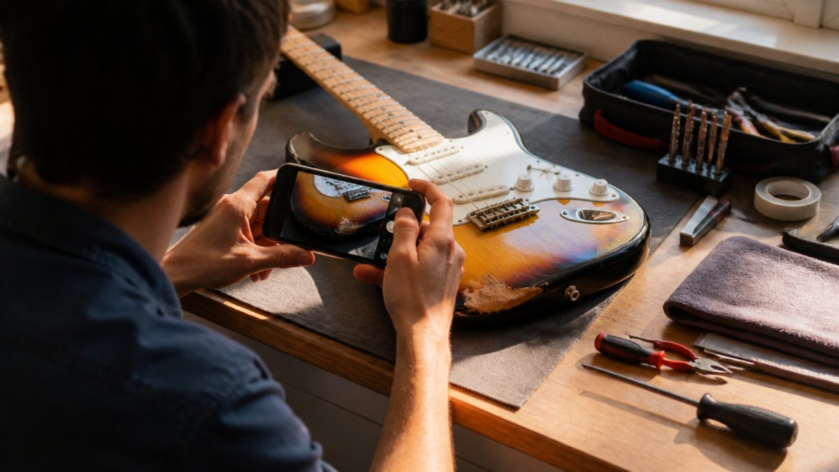 A musician carefully photographing a damaged guitar with a smartphone, documenting the issue from multiple angles on a well-lit workbench with natural sunlight streaming across the instrument