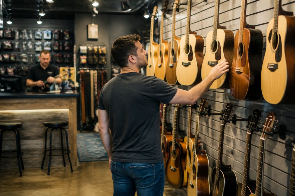 A customer browsing acoustic guitars on a wall display inside a bright, well-organised music shop, with a staff member assisting in the background