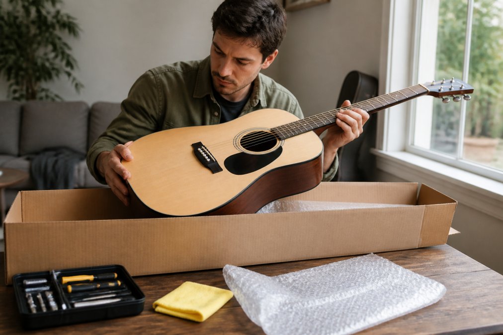 A person carefully unpacking a new acoustic guitar from its box at home, checking the body and neck for damage with soft natural light from a window