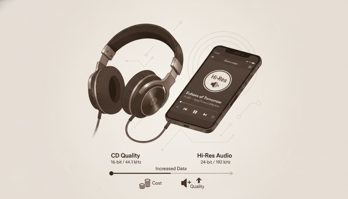 Close-up of high-end audio headphones with a smartphone displaying a music streaming app showing HiRes audio badge, professional studio lighting