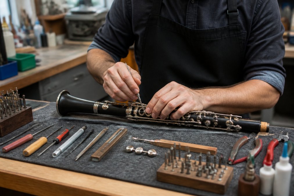 A close-up of a skilled repair technician's hands carefully adjusting the keys on a clarinet, surrounded by specialist tools on a workbench in a well-lit workshop