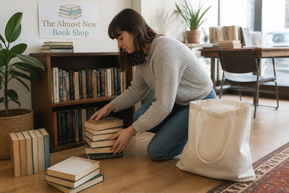 Person arranging second-hand books on a shelf for musicmagpie vs awesomebooks for readers enthusiasts.