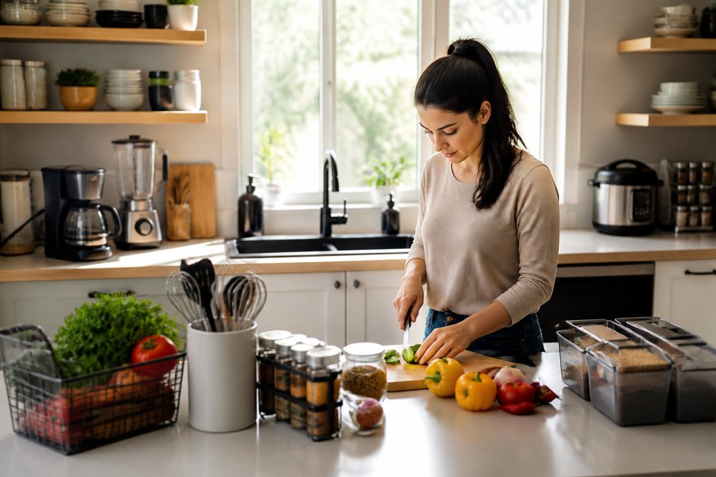 Bright, organized kitchen countertop with modern appliances, storage organizers, and cooking gadgets neatly arranged, a person preparing vegetables with focused concentration
