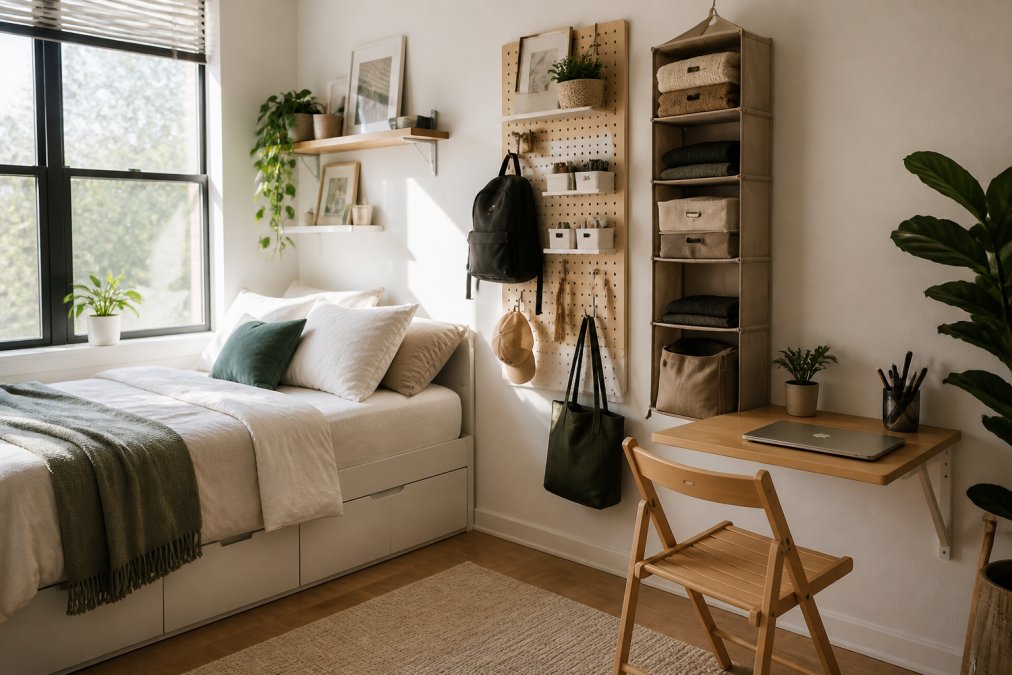 Small apartment bedroom or living room corner with vertical storage solutions, wall-mounted organizers, and compact furniture efficiently using limited wall and floor space, natural light streaming through window