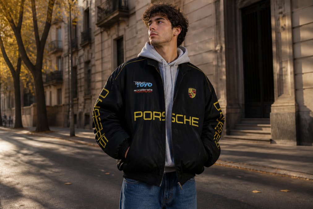 A stylish person wearing a vintage-style embroidered racing jacket over a relaxed hoodie, standing outdoors on an urban street with warm autumn afternoon light casting long shadows