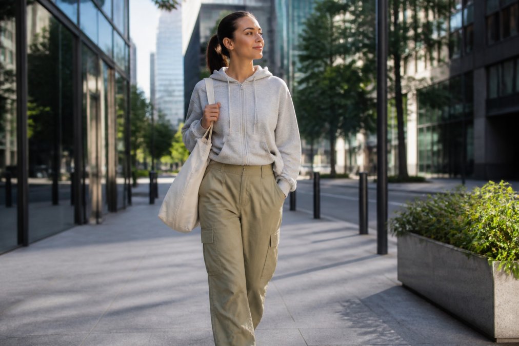 A woman in high-waist cargo pants and a zip-up hoodie carrying a canvas tote bag, walking through a sunlit modern city street with glass buildings in the background
