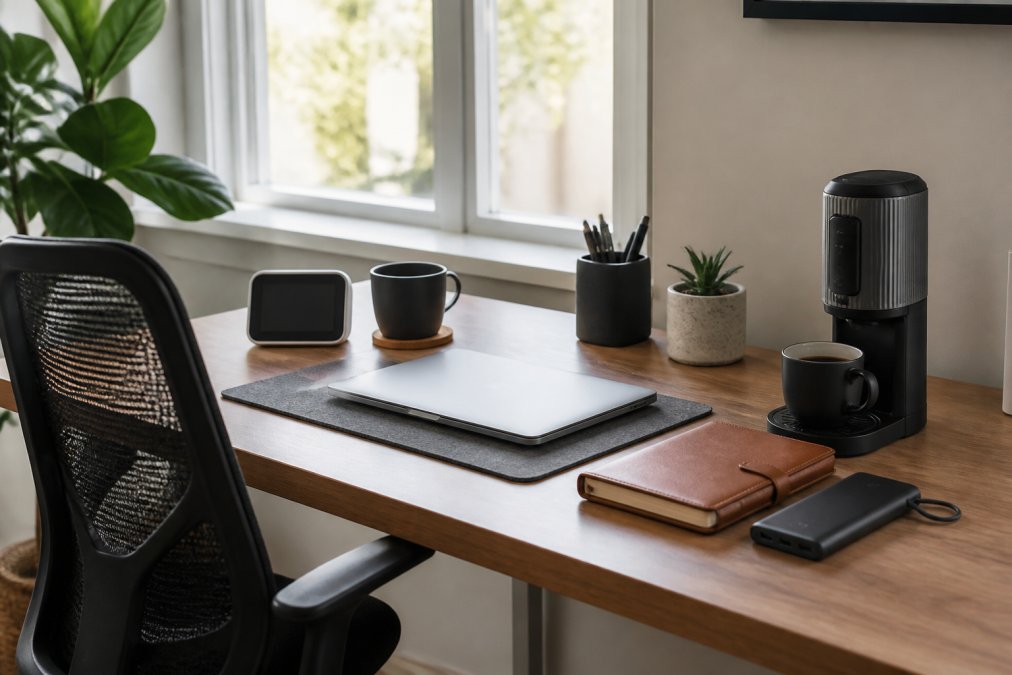 Professional home office desk with organized workspace featuring multiple gadgets including a smart display, power bank, reusable notebook, and compact coffee maker in bright natural lighting from a window