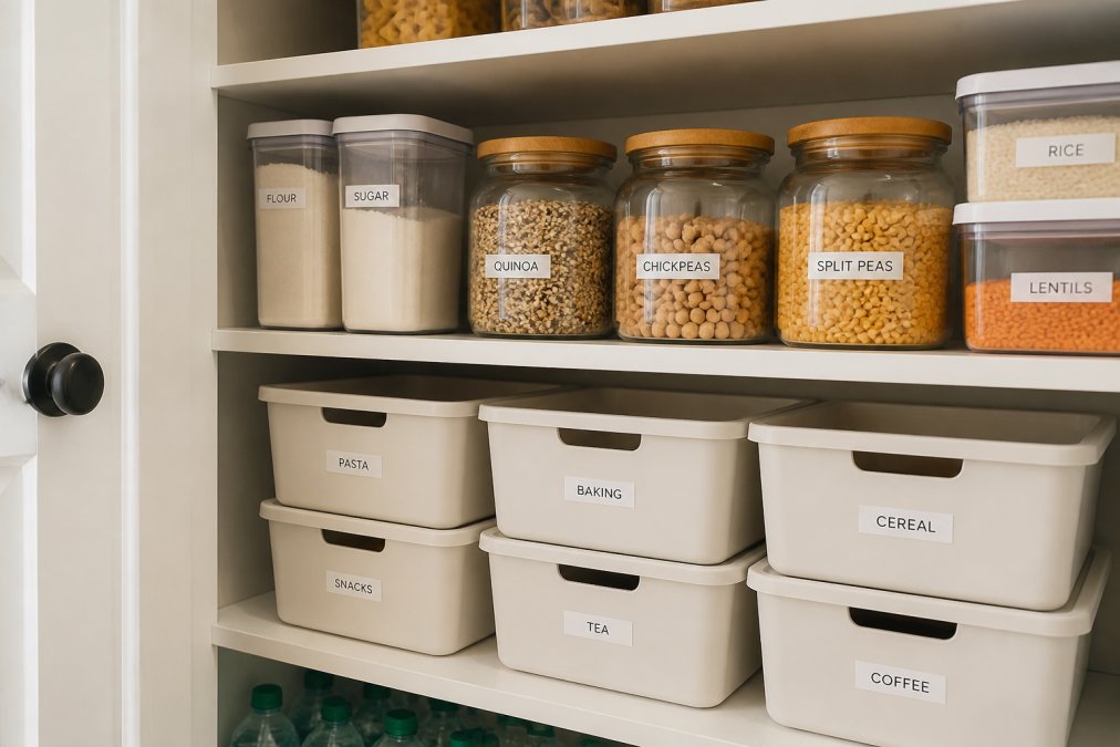 Close-up of organized kitchen pantry shelves with clearly labeled food storage containers, glass jars with laminated labels on dried goods, and stackable plastic bins with typed labels visible, natural kitchen lighting