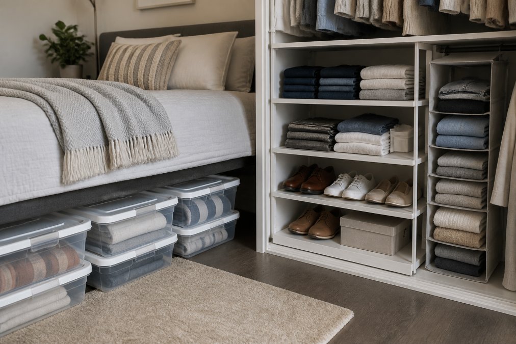Small apartment bedroom with organized under-bed storage using clear stackable plastic bins, closet with vertical shelf risers and hanging organizers, maximizing every inch of available space
