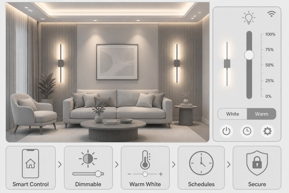 Modern living room with warm LED wall sconces mounted on accent wall and soft ambient lighting creating sophisticated evening atmosphere, showing how smart lighting transforms interior spaces