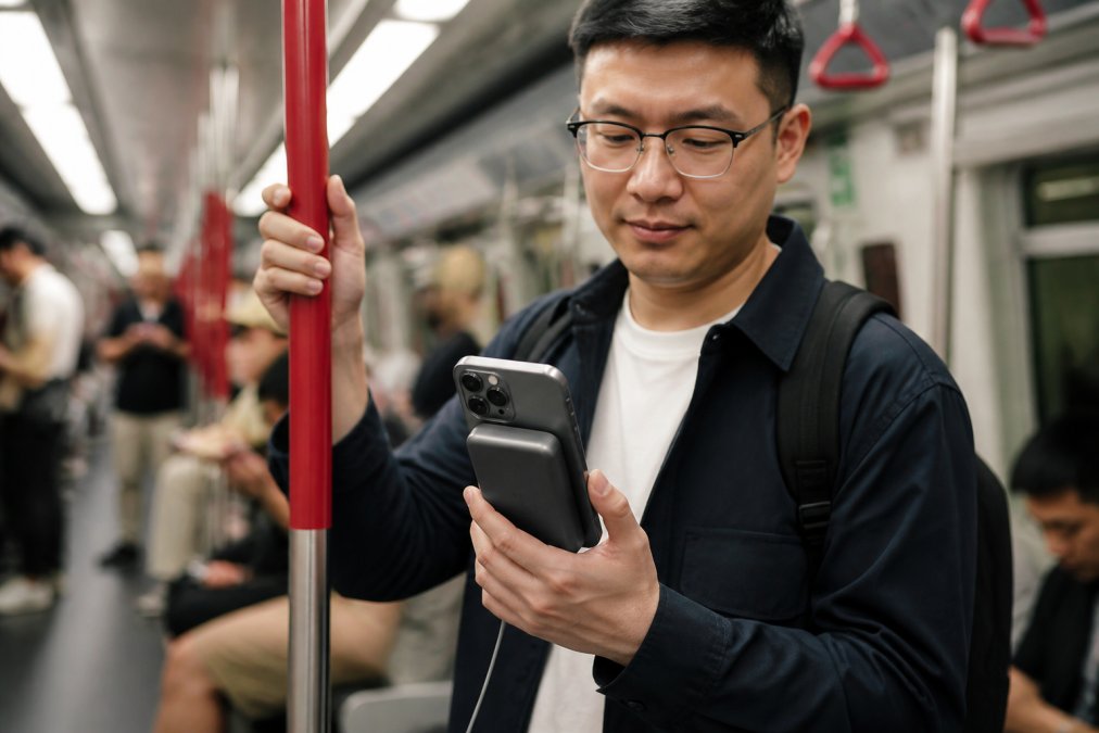 Person on busy commute holding a magnetic power bank attached to their smartphone, demonstrating wireless charging convenience during travel with natural lighting