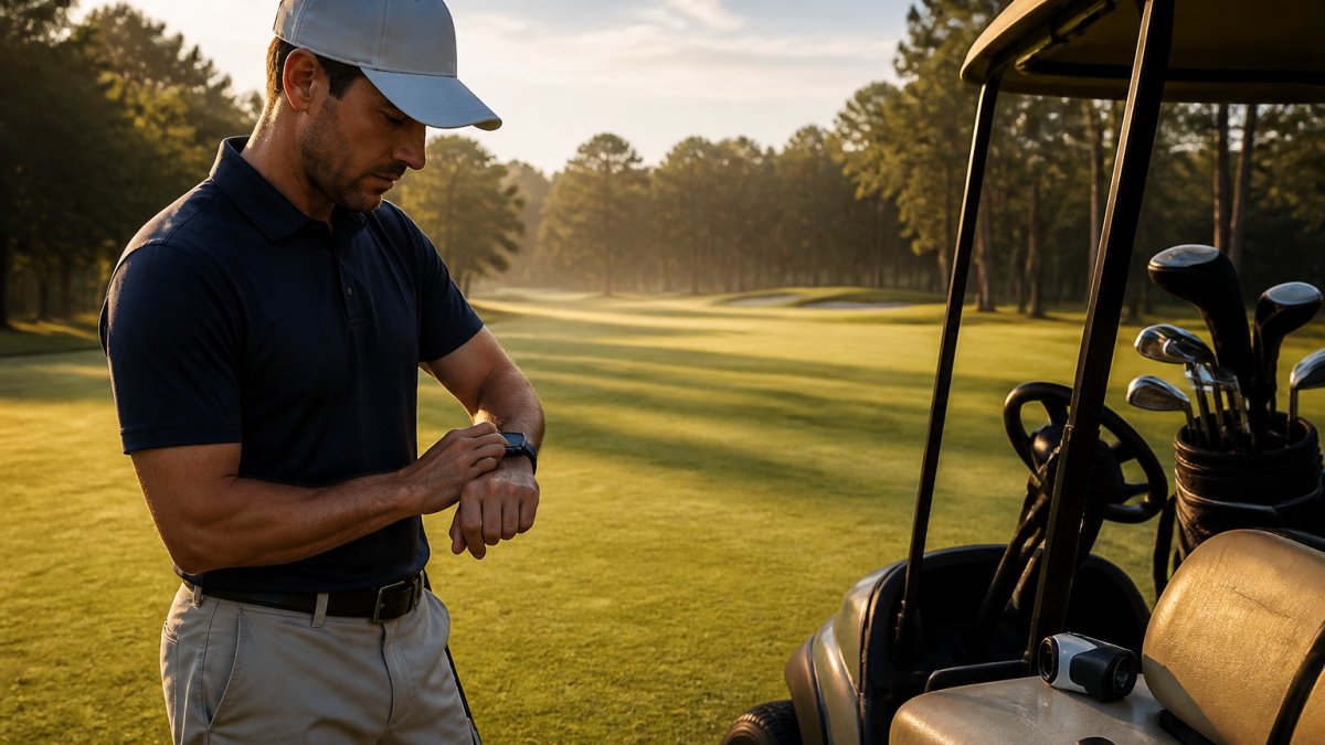 A golfer on a tee box checking a GPS watch on their wrist while a rangefinder sits on the cart seat beside them, morning light on a fairway