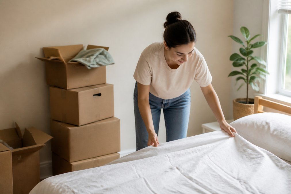 A young renter arranging white sheets on a bed amidst new apartment items in a sunlit bedroom with moving boxes.