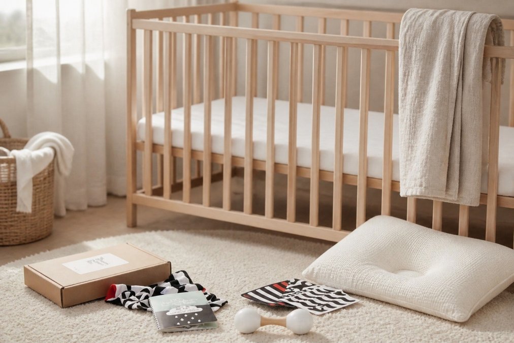 A serene nursery interior with a wooden cot dressed in soft white fitted sheets, a folded muslin cloth draped over the rail, and a gentle glow from natural morning light streaming through sheer curtains